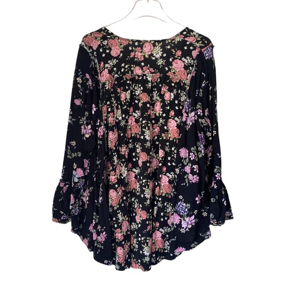 Free People Loretta Floral Print Tunic Shirt Women Size Small Ruffle Black Pink - Picture 6 of 9